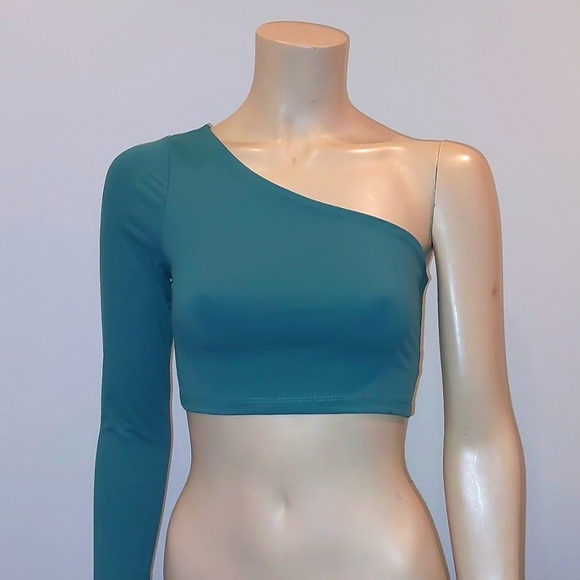 Susana Monaco one shoulder color "blue spruce" long sleeve crop top sz XS NWT - Picture 1 of 5